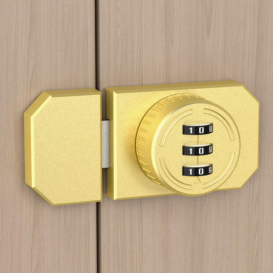 Keyless 3-Digit Combination Lock, Mechanical Stick-on Drawer Latch, Security Adhesive Cabinet Lock for Closet & Barn One-Way Doors (1, Gold)