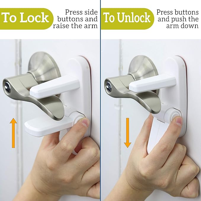 Door Lever Locks (4 Pack) - Prevents Toddlers from Opening Doors - Durable ABS with 3M Adhesive - Easy One-Hand Operation for Adults, No Tools Needed