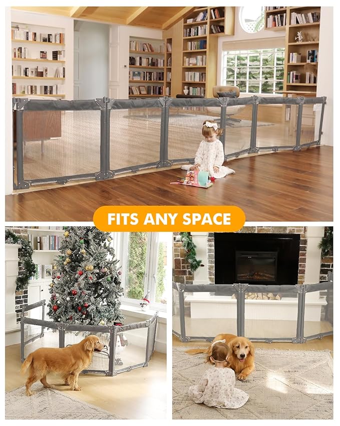 Extra Wide Baby Gate Playpen with Heat-Resistant Mesh,6 Panel Foldable Baby Fence,Indoor/Outdoor Safety Barrier,Dog Playpen & Fireplace Gate Gray