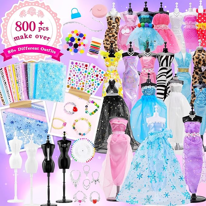 800+PCS Fashion Designer Kits for Girls, Doll Clothes Making Kit with 4 Mannequins, Creativity DIY Arts & Crafts Toys for Kids, Sewing Kit for Girls Aged 6-12+ Birthday Gifts