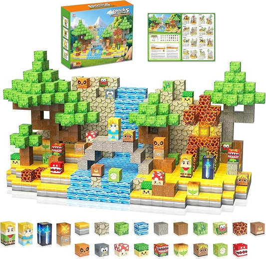 200PCS Magnetic Blocks - Light Up Magnetic Building Blocks Magnet Block Cubes Forest Set, STEM Sensory Stacking Toys for Kids Boys Girls Ages 3 4 5 6 7 8-12 Holiday Christmas Birthday Gifts