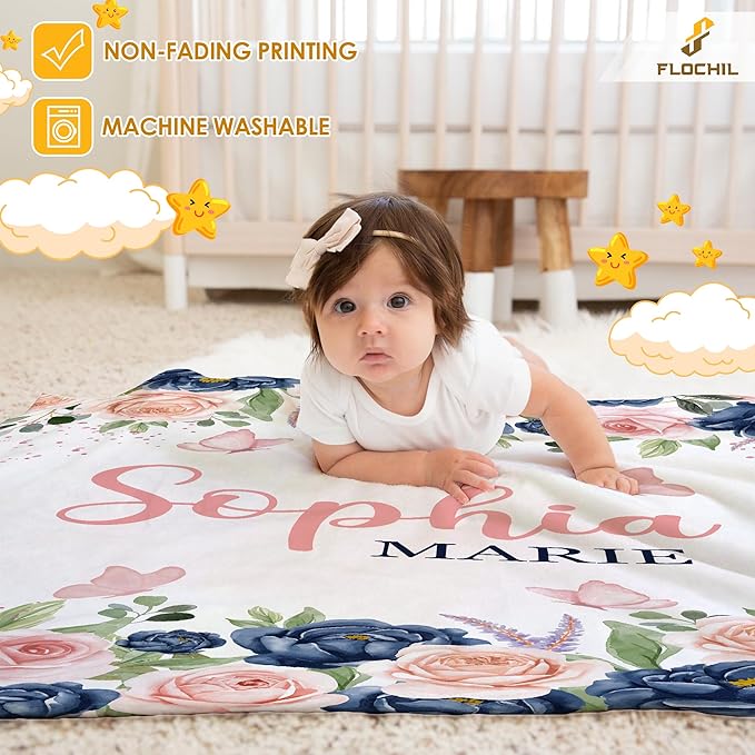 FLOCHIL Personalized Baby Blanket for Girls, Custom Baby Blanket with Name, Customized Baby Products, Gift for Baby, Newborn, Baby Shower (Floral 3)
