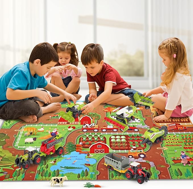 Oriate Farm Tractor Set 34 Piece Die Cast Vehicle Value Playset, Large Size 4.8" Tractors Toy Kids Birthday Gift, Farm Play Mat Tractors Animals Trailer Toys, Farm Equipment Accessories
