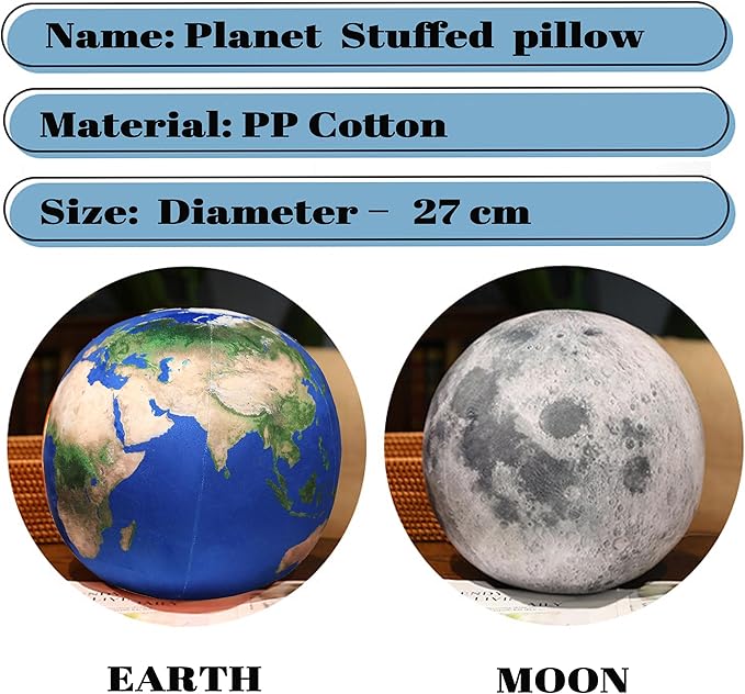 10 inch 2 pcs Moon Pillow+Earth Pillow Plush Toy Earth and Moon Stuffed Toy Planet Pillow Astronomy Decor Space Pillows Globe World Globe Stuffed Plush Toy