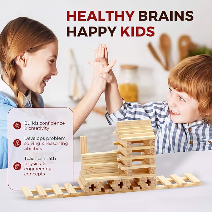 OWT Wooden Building Planks for Kids | 100 Piece STEM Construction Blocks Set for Creative Play | Educational Wood Building Toys for Boys and Girls Ages 3+ | Architecture, Engineering & Learning Fun