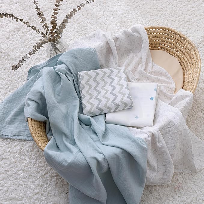 Muslin Swaddle Blankets for Boys & Girls, Receiving Baby Blanket for Newborns, Large 47 x 47 Inches, Soft Breathable Baby Swaddles, 4 Pack Stars & Striped