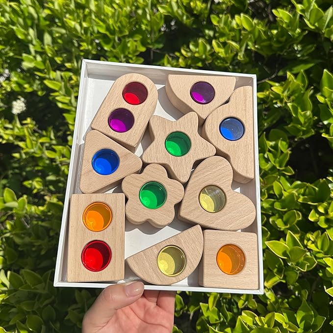 22PCS Wooden Colorful Acrylic Cylindrical Blocks Set, Acrylic Shape Inlay Toy Educational Light Shadow Construction Building Block Toy for Kids (22PCS Shape Inlay)