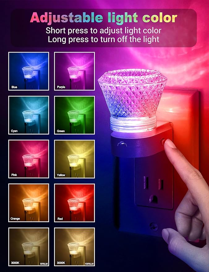 JandCase Crystal Night Light, Color Changing Night Lights Plug into Wall [2 Pack], 8 Color & 3000K Warm White Night Light, Dusk to Dawn Light Sensor, LED RGB Nightlight for Kids Room Bathroom Bedroom