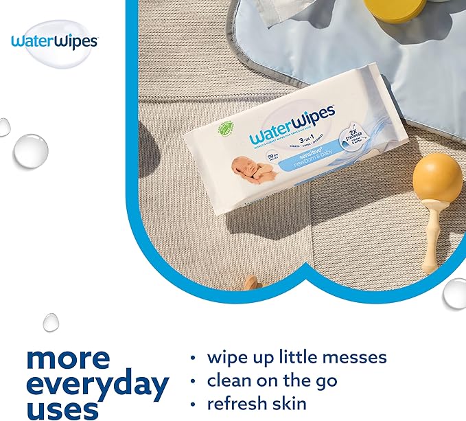 WaterWipes Sensitive+ Newborn & Baby Wipes, 3-In-1 Cleans, Cares, Protects, 99.9% Water, Unscented & Hypoallergenic, 180 Count (3 Packs)