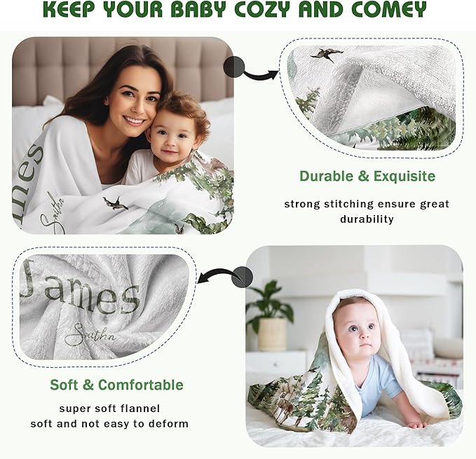 Personalized Woodland Baby Blanket with Name Custom Name Blanket for Boy Newborn Expect Mom Customized Gifts for Baby Shower Birthday Christmas