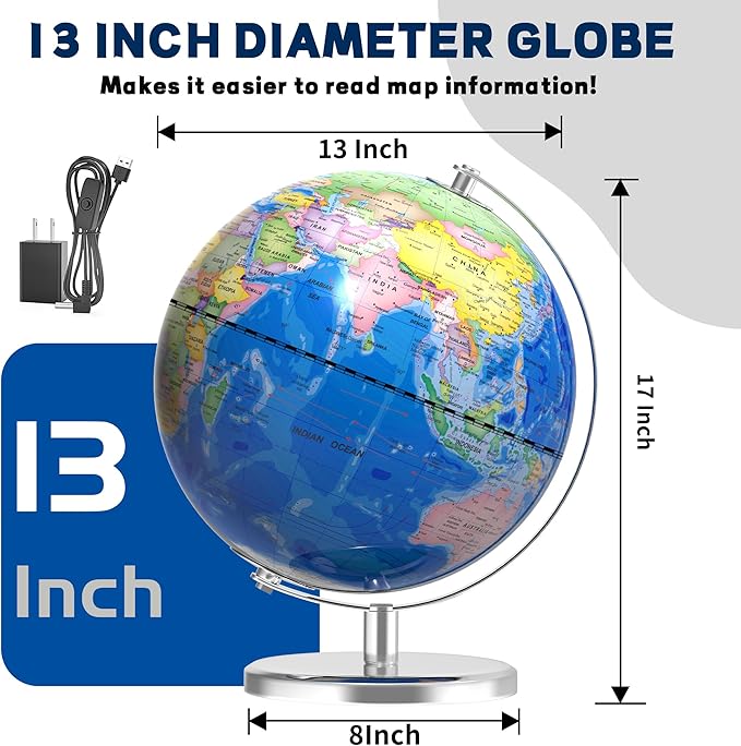13 Inch Large World Globe for Adult, Educational Globe for Children, Colorful HD World Map Details for Kids Learning, Illuminated Globes Lamp for Kids Gift and Bedroom Office Decor