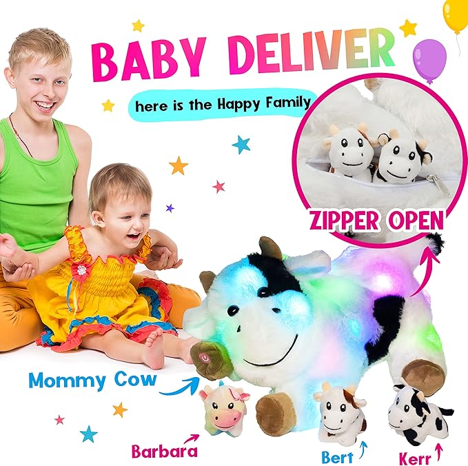 Hopearl LED Plush Cow Lighting Up Stuffed Mommy With 3 Baby Dairy Cows in Her Tummy - Floppy Animal Playset Night Lights Glow in The Dark for Mom Toddlers, 15''
