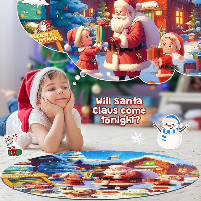 Christmas Puzzles for Kids Ages 4-6, Large Round Floor Puzzles with Santa Claus & Snowman, 70 Piece Jigsaw Puzzles for Boys & Girls Aged 3-8, Educational Toy Gift