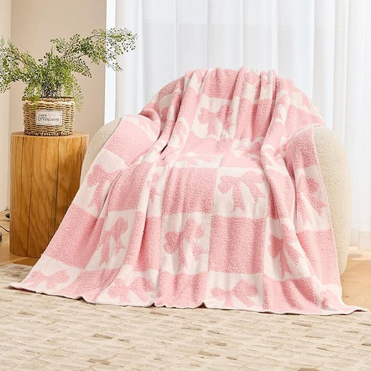 Pink Bow Blanket Cozy Knitted Bow Checkered Throw for Baby Girls, Reversible Pattern Bows Gift, Coquette Pink Bows Bedding Stuff Decor Blankets 50x60 Inches