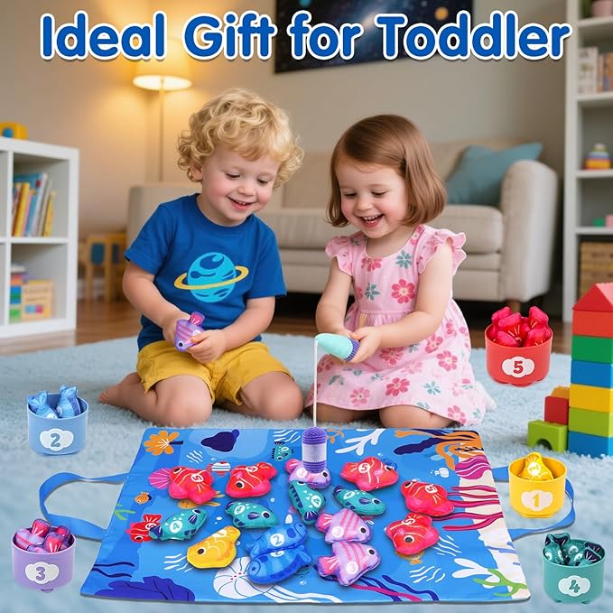 Montessori Toys for 1 Year Old - Cloth Fishing Game with Stacking Cups Toddler Toys for One Year Old Boy Girl First Birthday Gift - Sorting Learning Baby Toy 12-18 Months 1 2 Year Old