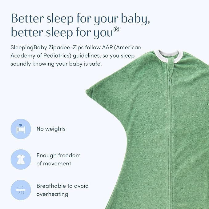 SleepingBaby Zipadee-Zip Transition Swaddle - Cozy Fleece Wearable Blanket with Two-Way Zipper for Baby Sleep - Fleece Basil, Large (12-24 Month)