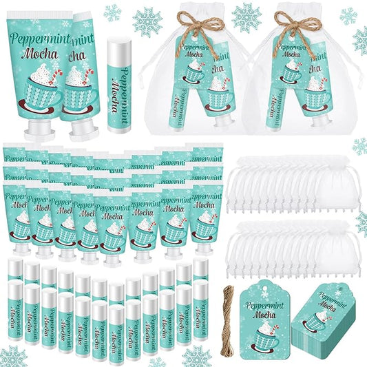 24 Sets Hand Cream and Lip Balm Gift Bridal Baby Shower Party Supply Travel Size Hand Lotion and Lip Balm Bulk with Organza Bag and Tag Wedding Baby Shower Party(Mint,Peppermint Mocha)