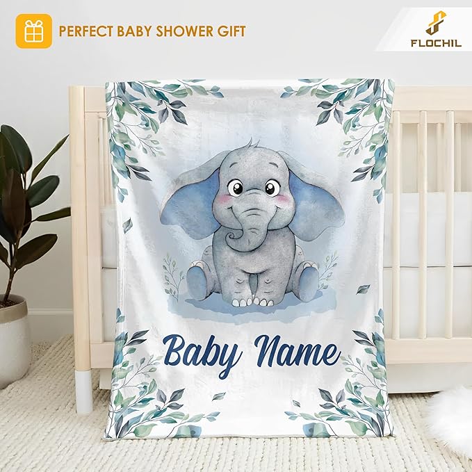FLOCHIL Personalized Baby Blankets, Custom Baby Blanket - Baby Blanket with Name for Boys, Best Gift for Newborn Elephants Flush Fleece (30x40)