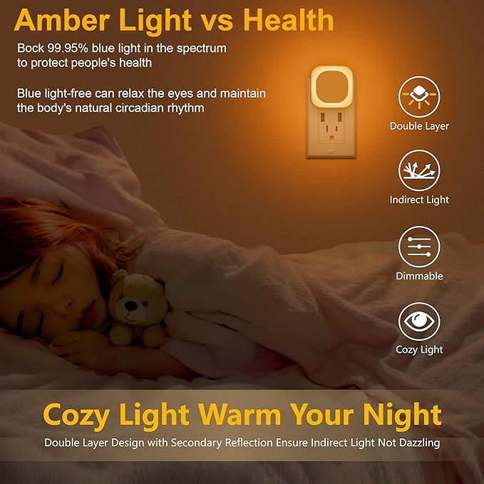 6 Pack Plug in Amber Night Light, Auto Dusk to Dawn, Soft Glow, Dimmable, Diffused Light, LED Lights for Bedroom, Kids, Bathroom, Sleep, Baby Nursery, Toddler, Hallway, Kitchen, Home Decor