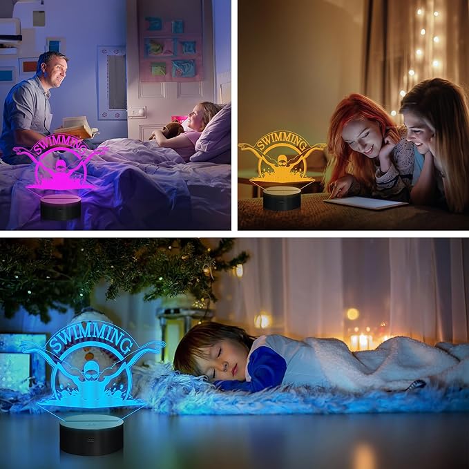 Swimming Gifts for Boys Girls, 3D Illusion Lamp, 3D Swimming Night Light with 16 Colors Remote and Touch Control, Swimmer Natator Decor for Kids Room, Girls Birthday Gifts