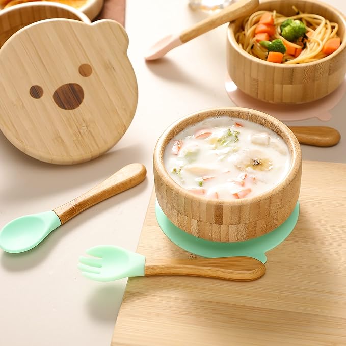 Baby Bowls with Lid,HBM Bamboo Suction Bowls for Baby and Spoon Set,3PC Feeding Supplies Set for Infant, Toddlers,Detachable Silicone Suction Stay Put Base for Wooden Bowl （Mint）