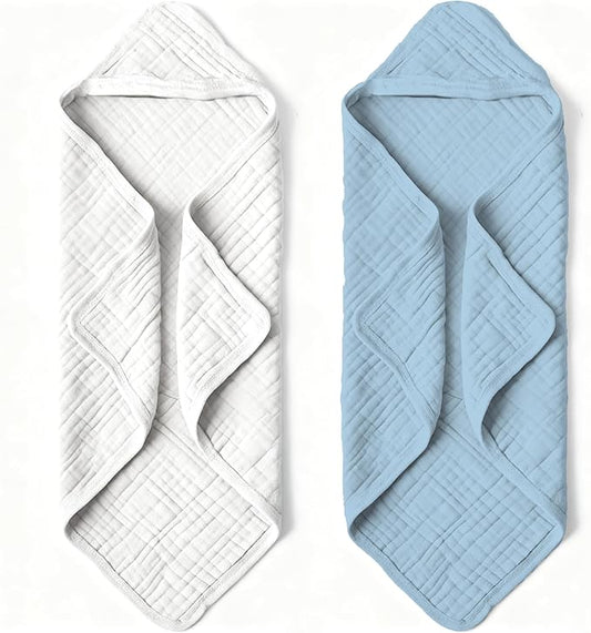 Organic Muslin Hooded Baby Bath Towels - 2 Pack 100% Organic Cotton Towel for Babies, Infants, Toddlers - 32x32Inch - Highly Absorbent and Newborn Essential(Grey Blue)