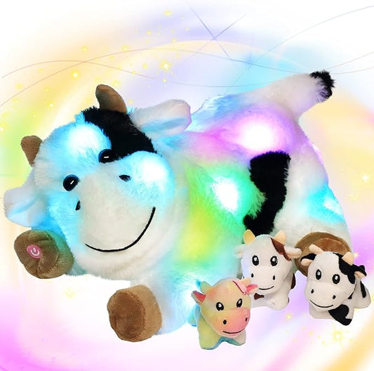 Hopearl LED Plush Cow Lighting Up Stuffed Mommy With 3 Baby Dairy Cows in Her Tummy - Floppy Animal Playset Night Lights Glow in The Dark for Mom Toddlers, 15''