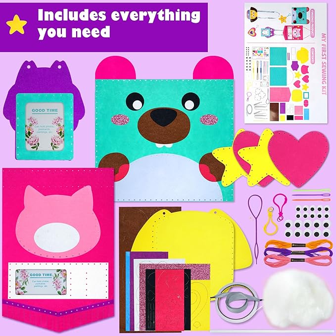 Aimiffy Kids Sewing Kit for Girls - Beginner Arts & Crafts,Make 6 Projects of Animal Knitting Kit for Beginners Arts and Crafts,Birthday Gifts for Girl 5-12 Years, Toddler Learn to Sew and Embroidery