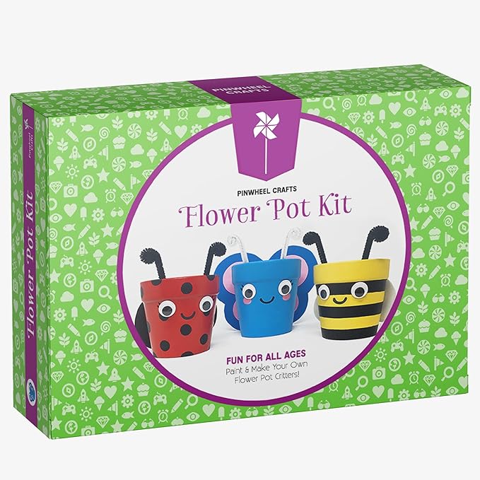 Pinwheel Crafts Flower Pot Painting Kit – DIY Flower Pots to Paint for Kids with 8 Paints, 2 Brushes, 3 Pots & 6 Googly Eyes, Gardening Kit for Kids Ages 8-12+, Kid Planting Crafts Set Birthday Gift