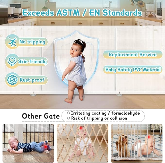 160'' Retractable Baby Gates Extra Wide, 42" Extra Tall Retractable Dog Gate for Doorways,13 Foot Safety Upgrade Extra Long White Retractable Baby Gate for Stairs, Indoor/Outdoor Retractable Gate