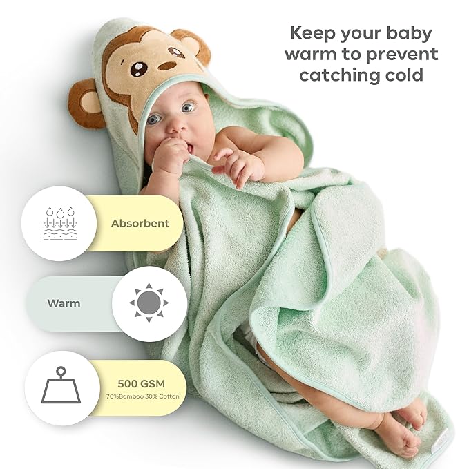 Bamboo Baby Towels with Hood – Mint Green 35x35” | Ultra-Soft Rayon from Bamboo & Cotton Bath Wrap | Adorable Monkey Hood for Newborns, Infants & Toddlers for Boys & Girls