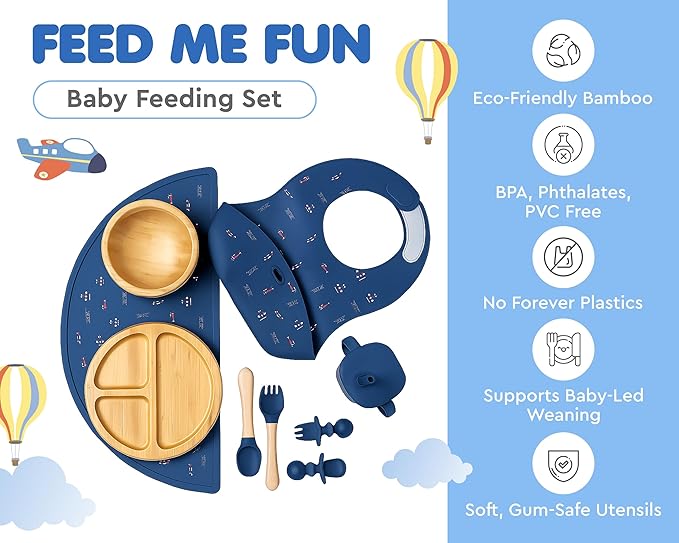 Bamboo Baby Feeding Set for Infants & Toddlers - Baby Essentials, Non-Toxic, Sustainable, Bamboo Suction Plate & Bowl, Bib, Sippy Cup w/Lid & Straw, Perfect Baby Shower Gifts (Midnight Blue)