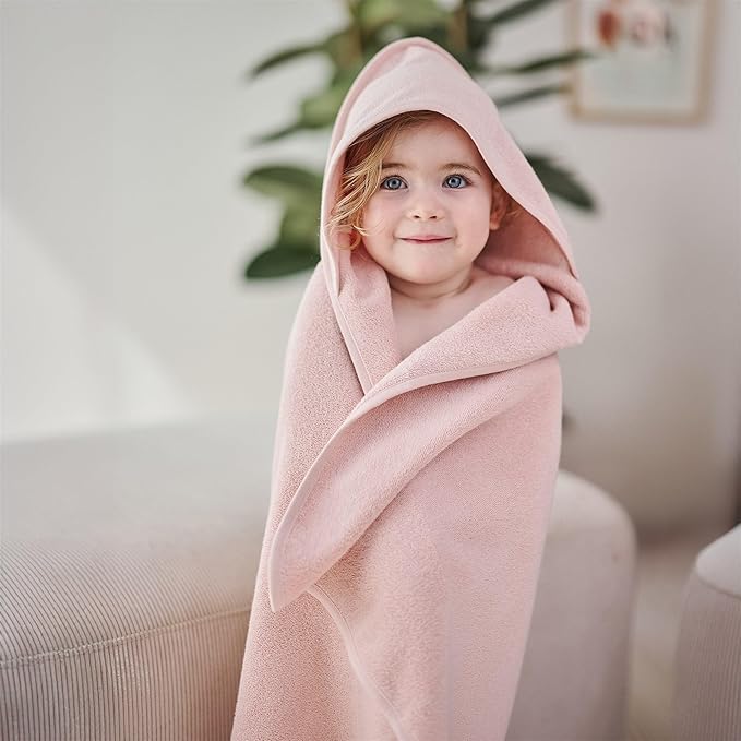 Baby Hooded Towel – Organic Cotton Baby Bath Towels, 32" x 32" Super-Soft and Absorbent Baby Towels for Newborn 2-Pack (Blush/Fog)