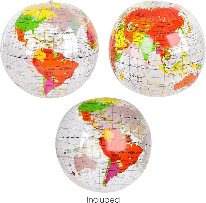 ArtCreativity Inflatable World Globe Ball Set Set of 6 Print Blue and Clear - Colorful Earth Map, 16 Inch Inflatable Beachball for Pool, Summer Fun Toys for Kids, Learning and More