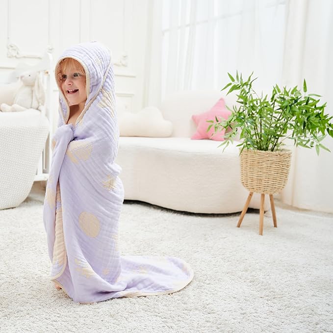 Ultra-Soft Muslin Baby Hooded Towel - 32 x 32 Inches, Crafted from Bamboo Viscose, Ideal for Bath & Beach, Suitable for Both Boys & Girls from Newborns to Toddlers