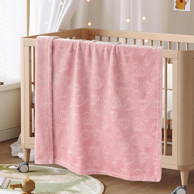 BORITAR Baby Blanket with Heart Design for Girls Ultra Soft Fleece Warm and Lightweight Blankets for Infant Toddler Newborn, 30x40 Inch, Blush Pink