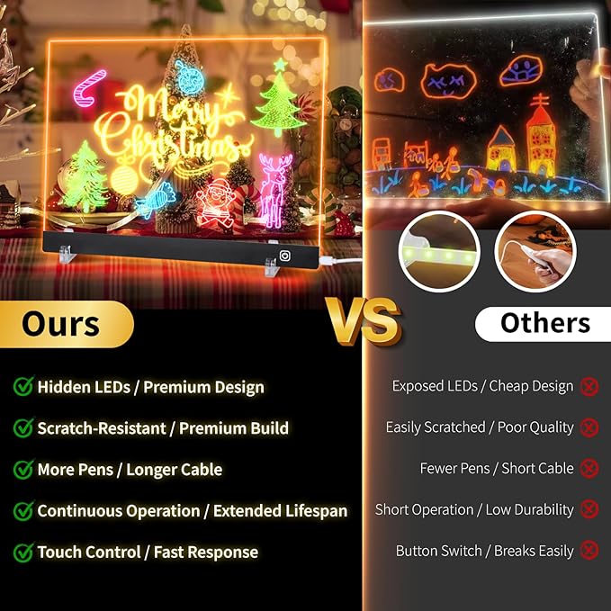 LED Note Board with Colors, Led Drawing Board for Kids, Light Up Acrylic Dry Erase Boards with Stand, Christmas & Birthday Gifts for Girls/Teens (Black, 11.8" x 7.9")