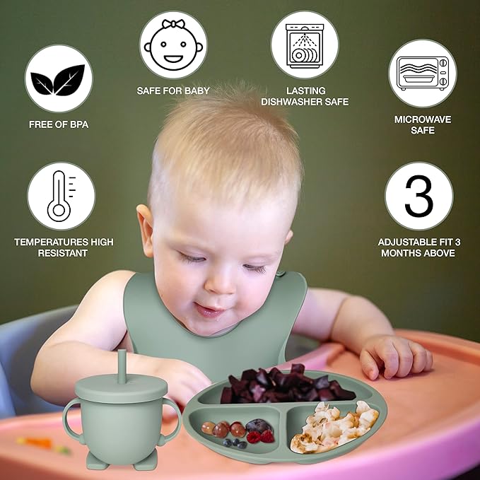 Baby Feeding Set 10-Piece | Baby Led Weaning Utensils Set Includes Suction Bowl and Plate, Baby Spoon and Fork, Sippy Cup, Straw, Lid & 2Bibs | Baby Feeding Supplies (Army Green)