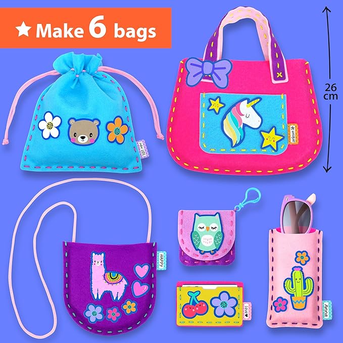 KRAFUN My First Sewing Bag Kit Arts & Crafts for Beginner Kids, 6 Easy DIY Sewing Handbag Pouch Sleeve Projects of Animal Theme, Instructions Learn to Sew & Felt Embroidery, Gift for Girls & Boys