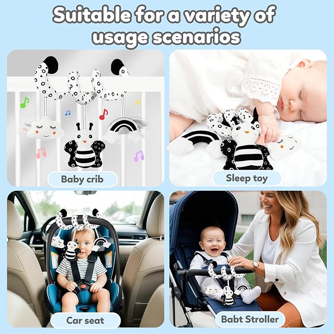 Car Seat Toy,Stroller Toys,Car Seat Toys for Babies 0-6 months Boy Girl,Spiral Hanging Stroller Black and White High Contrast Sensory Toy Newborn Plush Activity Toys Thank You Gifts for 0 3 6 9 Months