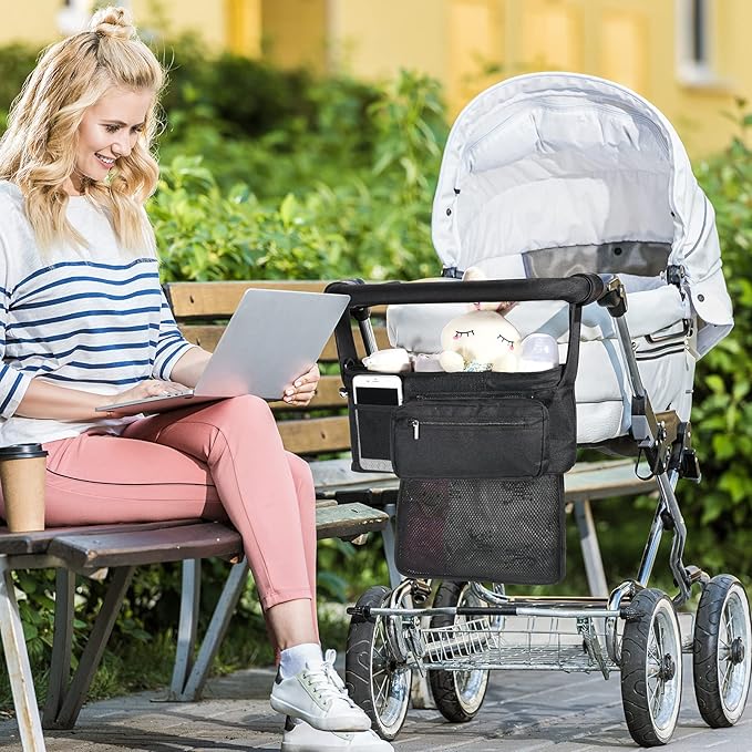 Momcozy NON-SLIP Universal Stroller Organizer | Insulated Cup Holder | Detachable Phone Bag & Shoulder Strap | Fits Uppababy, Baby Jogger, Britax, BOB, Umbrella and Pet Stroller