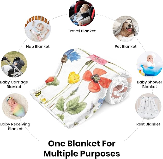 Personalized Swaddle Baby Blankets with Name Plants Flowers, Customized Floral Nursery Blanket for Girls, Newborn Shower Gifts for Baby Girls, Christmas Birthday Gift