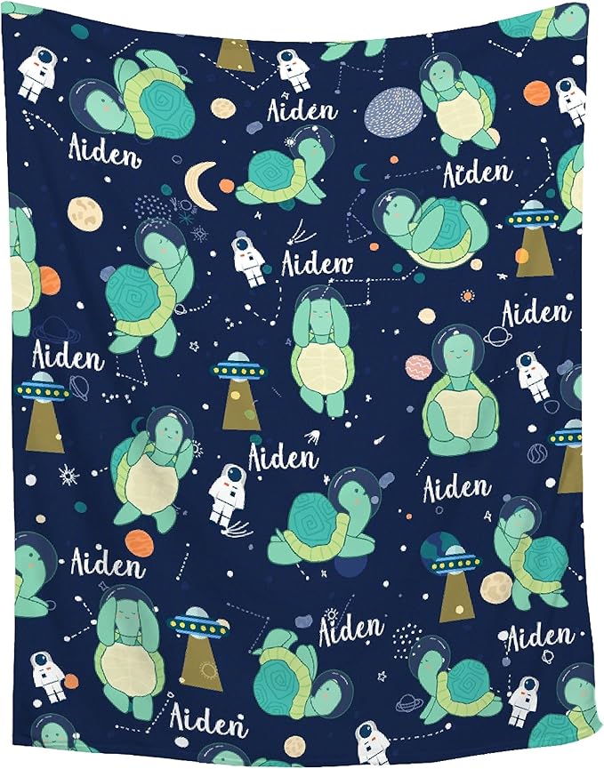 Personalized Custom Baby Blanket with Name - Astronaut Turtle Swaddle Blanket for Toddlers, Infants, Kids, Newborns - Nursery Stroller Crib Decor Throw - Birthday Gift