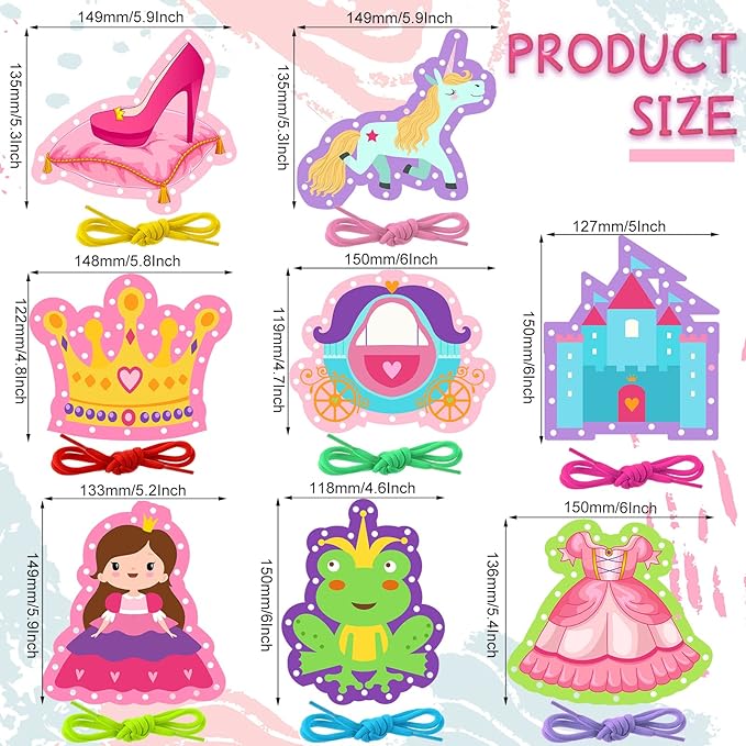 Zonon 8 Pieces Kids Lacing Cards Sewing Cards in 8 Patterns Lacing Games for Developing Imagination Education Supplies Children Sewing Game Favors (Princess, Castle Style)