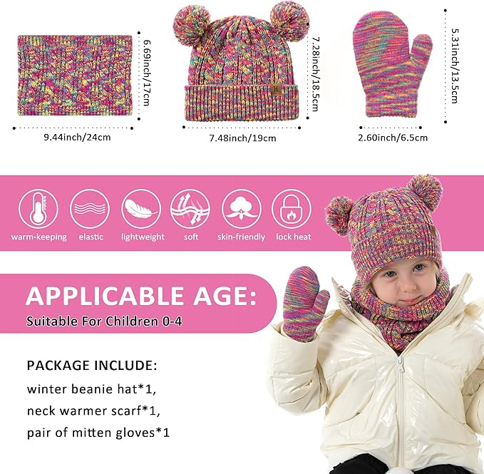 Kids Toddlers Winter Beanie Hats Gloves Neck Scarf Set Mittens Gifts for 0 6 12 Months 1 2 3 4-8 Year Old Baby Girls Boys