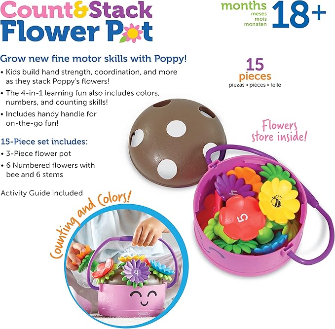 Learning Resources Poppy The Count & Stack Flower Pot - 15 Pieces, Fine Motor Skills Toys for Toddlers, Preschool Toys, Ages 18+ Months,Easter Basket Stuffers