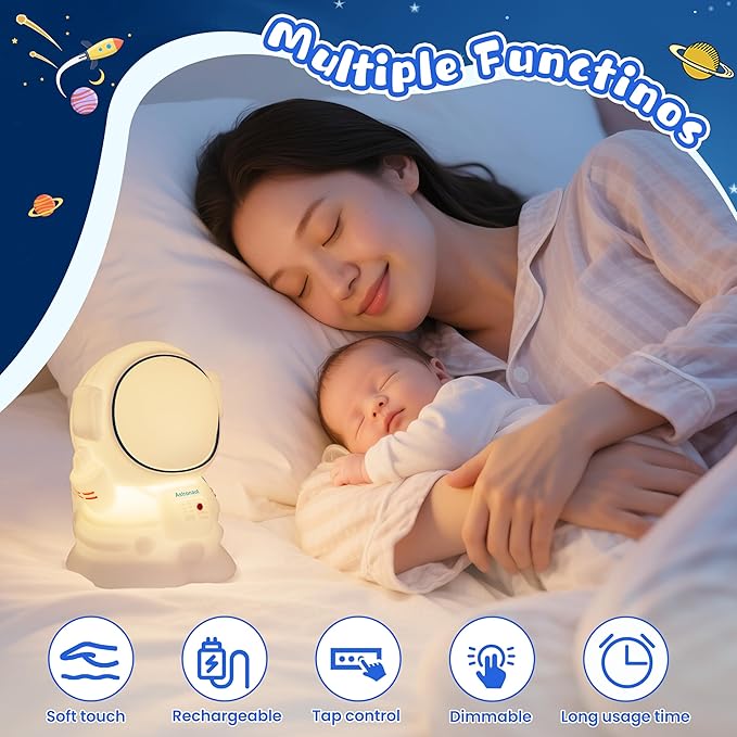 Night Light for Kids, Rechargeable Dimmable Silicone LED Nightlight with 7 Colors, Baby Nursery Night Lamp, Touch Squishy Lamp, Cute Gifts for Girls, Boys, Toddler Room Decor, Astronaut