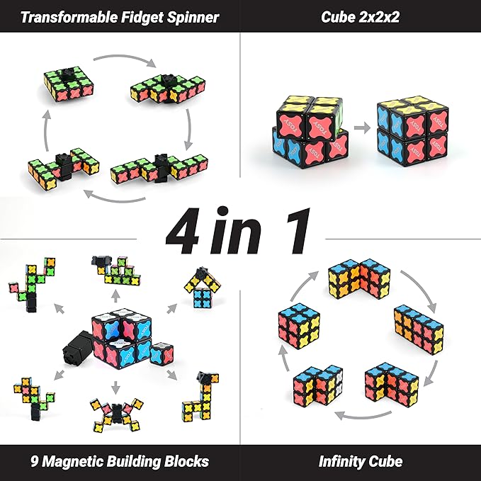 TOSY Magnet Fidget Spinner Mini - 8 Blocks, 3 in 1 Toy: Transformable Fidget Spinner, Infinity Cube, 2x2 Puzzle Cube, Stress Relief, STEM Sensory Magnet Tiles Birthday Gift for Kids/Boys/Girls/Adults
