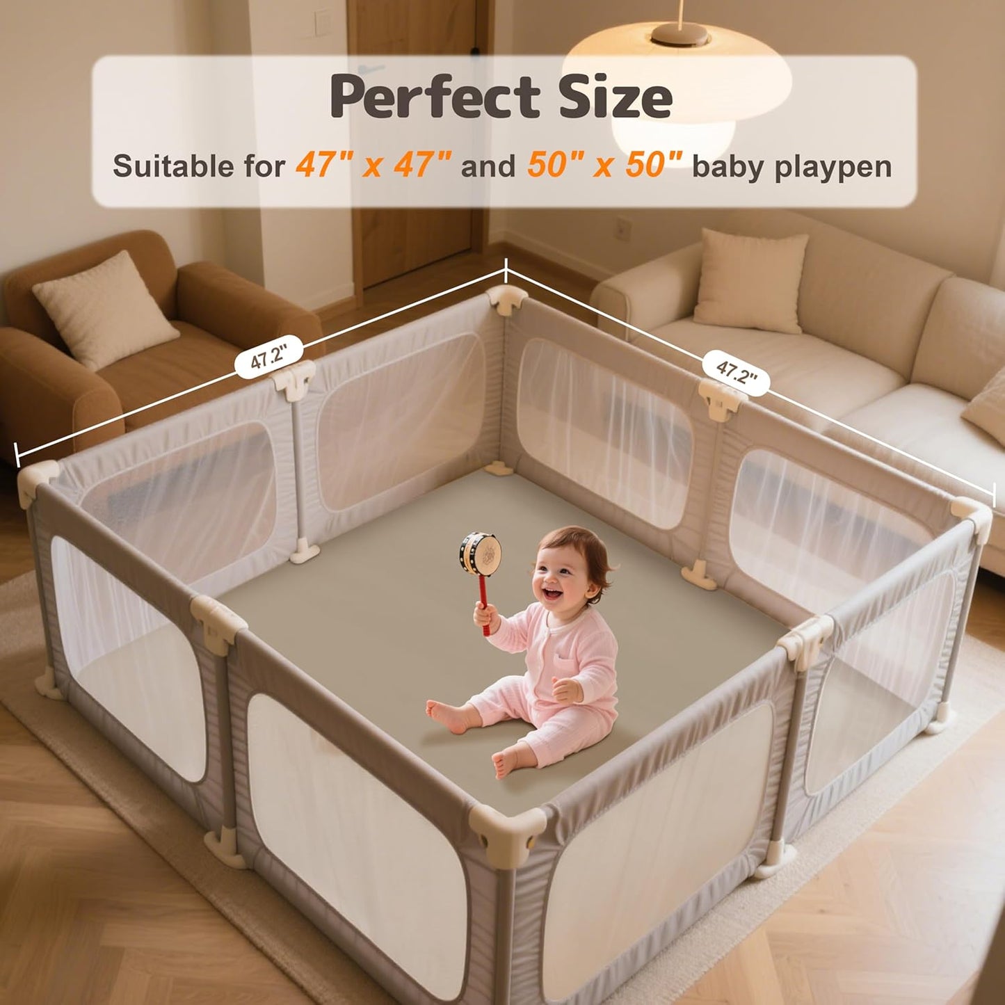 Baby Play Mat 47x47 Inches, Extra Thick 1.2" Foam Floor Mat for Tummy Time & Crawling, Waterproof Non-Slip Faux Leather Playpen Mat for Infants Toddlers, Indoor Outdoor Gym Activity, Brown