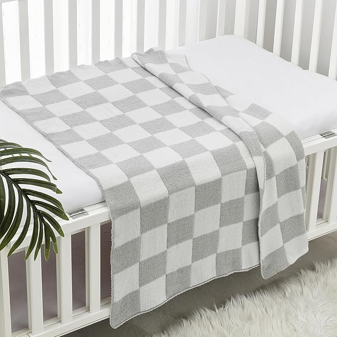 CREVENT 30"X40" Cozy Soft Warm Chenille Baby Blanket for Girls Boys, Newborn Essentials for Infant, Baby Shower Receiving Gift - Checked Grey 75X100cm